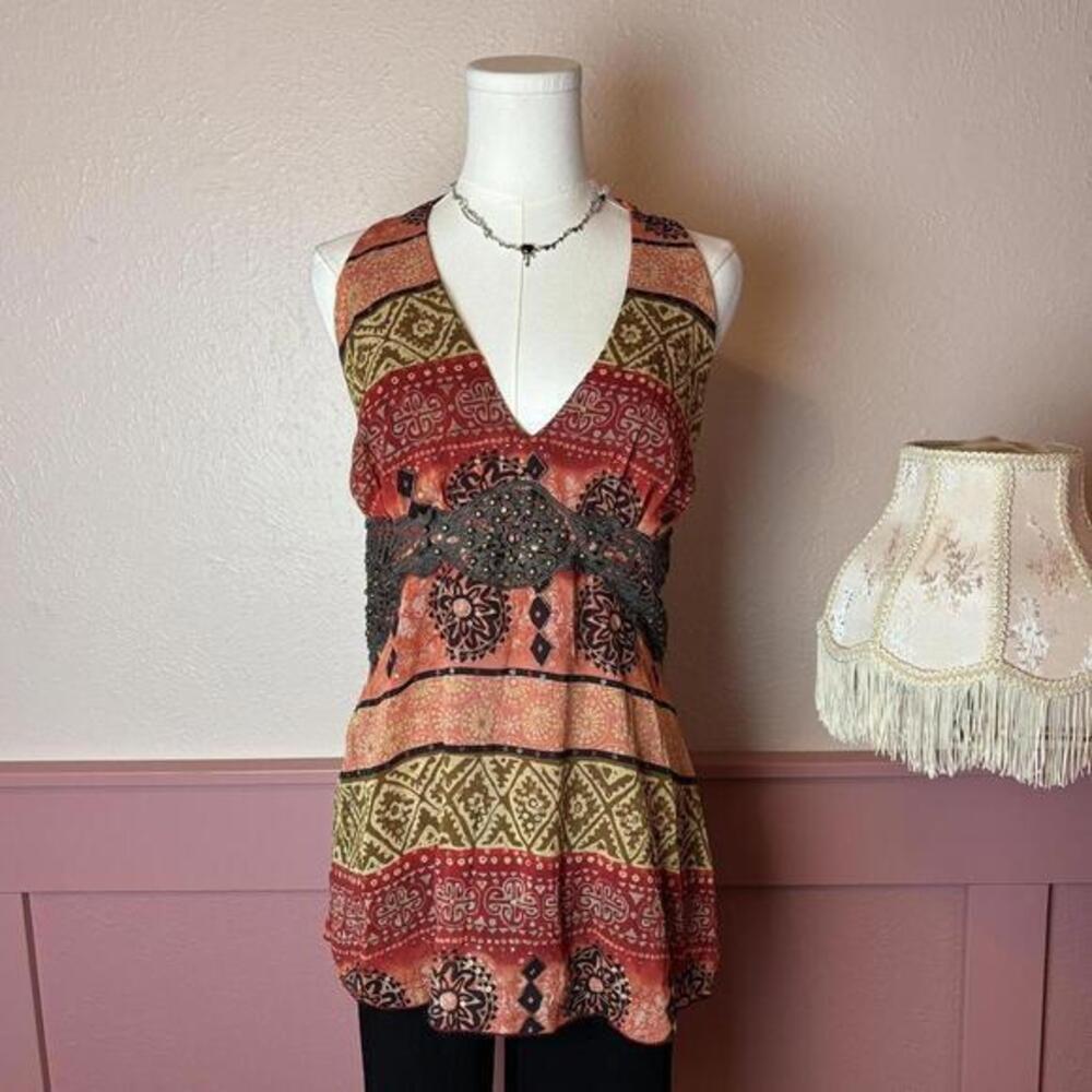 y2k fairy boho beaded patchwork halter top bisou busou red pink brown sz xl